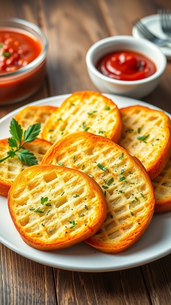 Garlic Bread on Sliced Bread Recipe Golden garlic bread on sliced bread, garnished with parsley, served with marinara sauce on a rustic table.